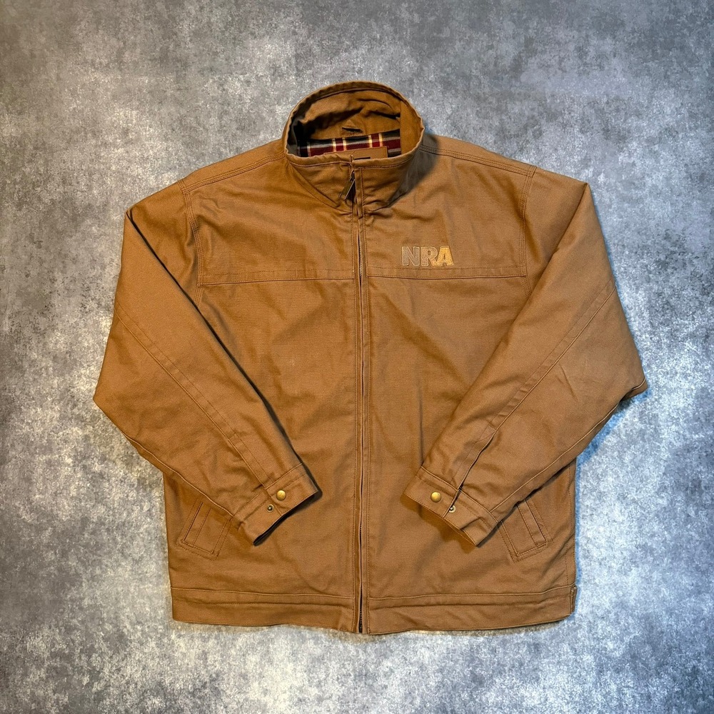 Burks Bay Mens XL NRA Canvas Work Jacket Brown Plaid Lined‎ Full Zip Heavyweight